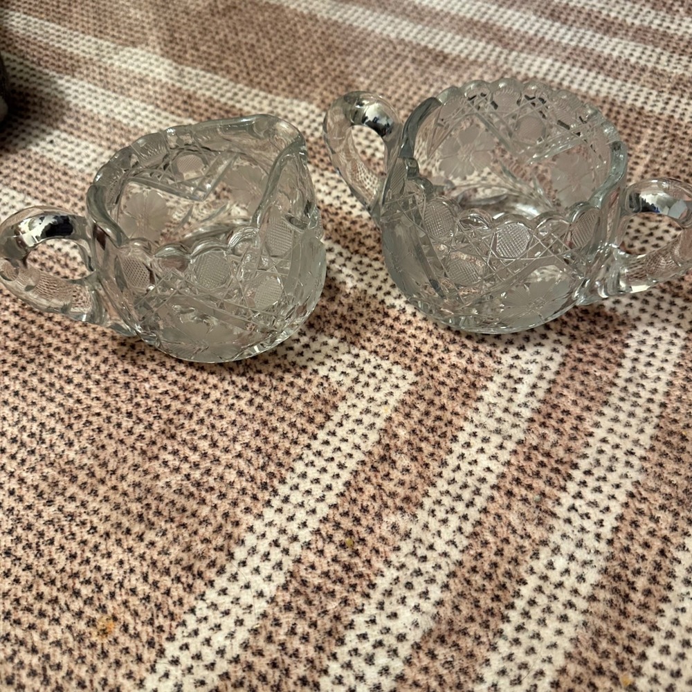 Vintage Cut Crystal Glass Sugar Bowl and Creamer Set Ornate Floral Etched Design